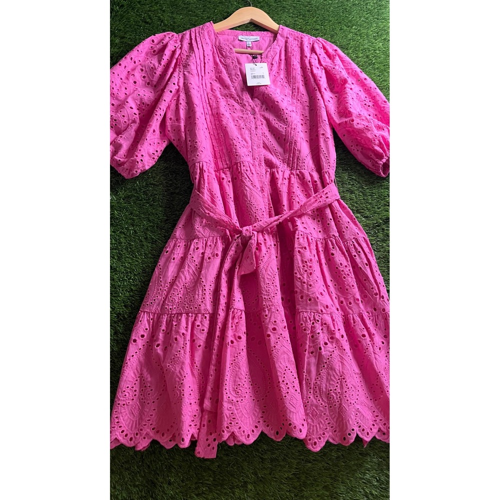 Gibson Latimer Pink Eyelet Lace Dress Womens L Fit Flare Belted Tiered OG3033CEY